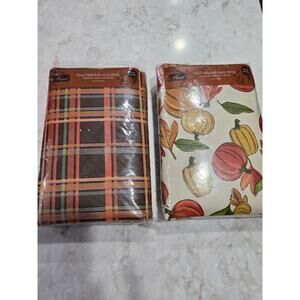 2 New Harvest Round Vinyl Tablecloths Fall Thanksgiving 70" Round Diameter